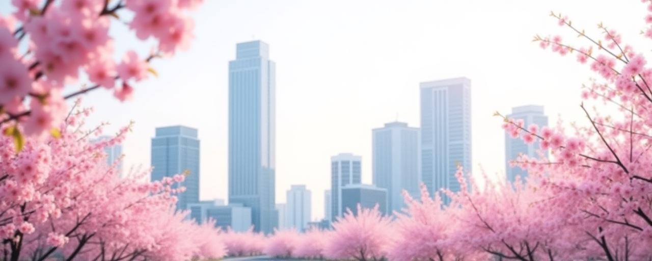 桜の花と東京のオフィスビル